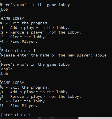 Output for the C++ Game Lobby Project